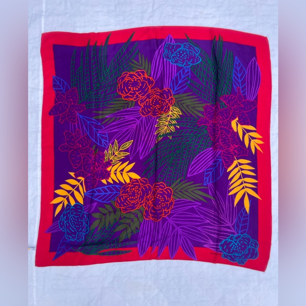 Liz Claiborne Purple Scarf with Red Border and Yellow & Blue Floral Accents